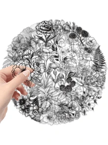 49 piezas de paquetes de pegatinas de plantas en blanco y negro, pegatinas decorativas impermeables y transparentes de PET de material floral de contabilidad manual, para decorar cuadernos, maletas, computadoras, fundas de teléfono, botellas de agua, diarios, patinetas