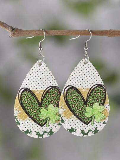 1 Pair St. Patrick's Day Vintage Heart Leopard Print Green Clover Raindrops Pendant Earrings, Women's PU Double-Sided St. Patrick's Day Earrings, Gift