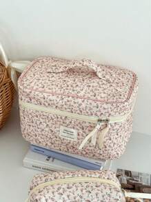 Neceser de maquillaje de terciopelo con estampado floral, bolsa con cremallera de tela con estampado floral, organizador de artículos de tocador de estilo campestre lindo para uso diario, hogar o viaje