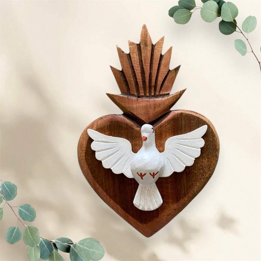 Divino Espírito Santo Em Coração de Parede Artigo Religioso Católico rústico - Marrom - Visão 1