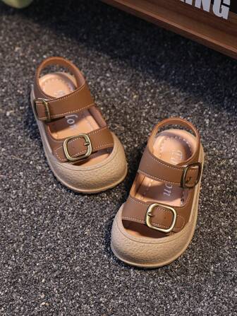 1 par de sandalias de niño de puntera cerrada con Top de PU, suela gruesa antideslizante y cierre de gancho y bucle