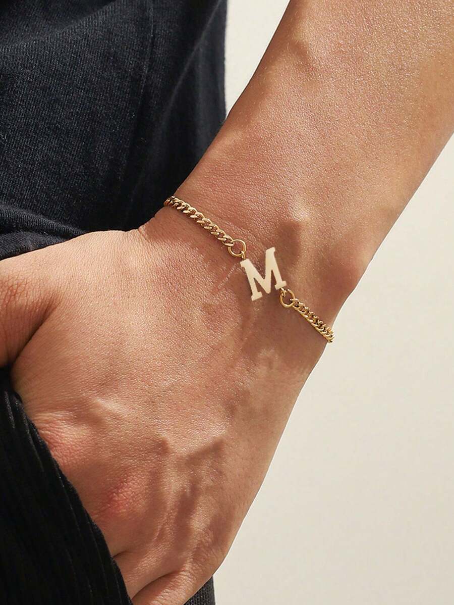 1件不锈钢镜面抛光26个字母A-Z吊坠简约时尚男士手链