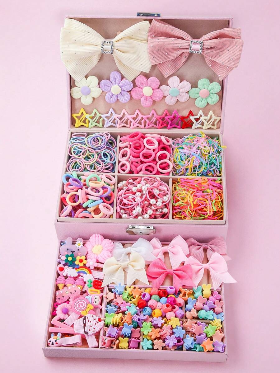 1071件套发饰套装，女孩粉色布艺蝴蝶结发夹、BB夹、发圈、发卡、发饰，精致生日礼物，日常使用 - 彩色 - 查看 1