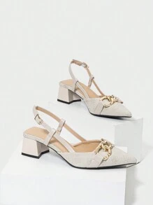 Retro Floral Patterned Women's Closed Toe Block Heel Pumps With Chain Decor, Elegant & Comfortable Outdoor, Commute, Party Wear, Suitable For Spring, Summer, Autumn, Winter, Beige,Elegant - Beige - View 5