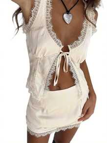 Women Basic Tank Tops Lace Eyelash Bandage Vest Summer Aesthetic Clothes For Streetwear - 米色 - 查看 3
