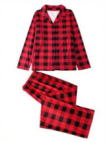 Christmas Parent-Child Pajamas, Plaid Print Long Sleeve Lapel Shirt, Pants, Dress, Jumpsuit, Dog Triangular Bib