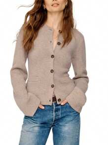 Women's Solid Color Cardigan Long Sleeve Crew Neck Button Down Sweater Knit Tops With Pockets - Khaki - View 1