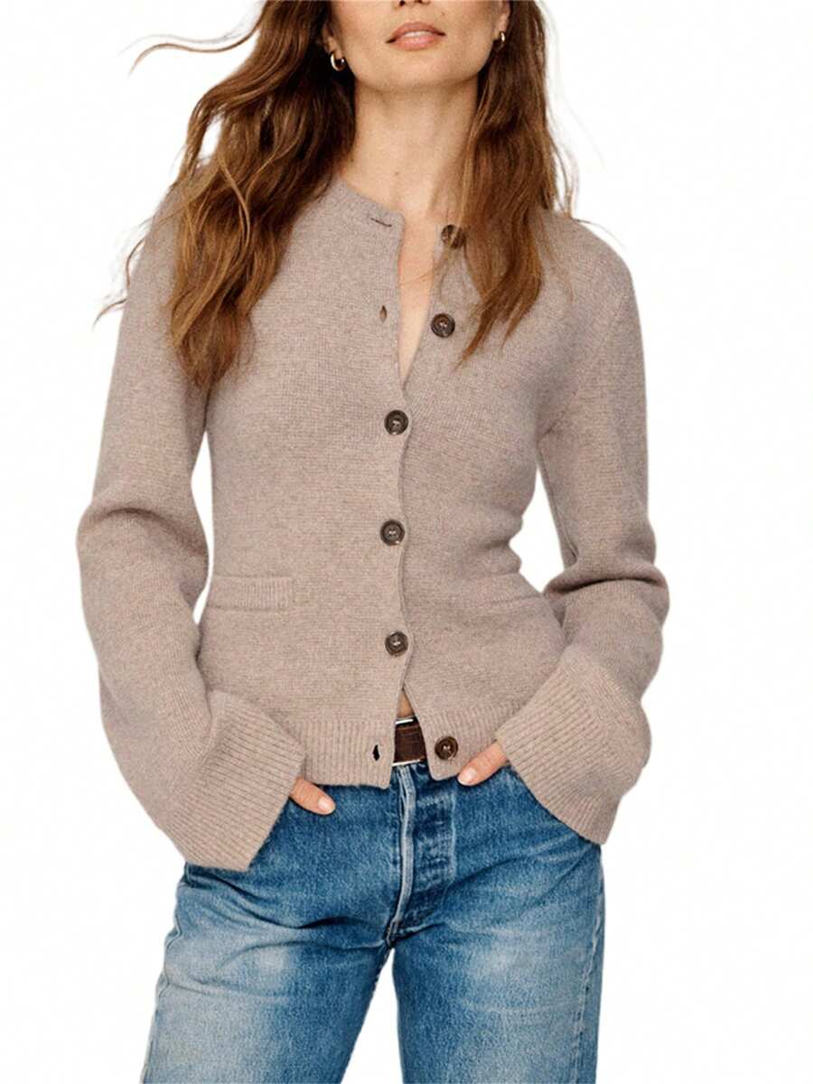 Women's Solid Color Cardigan Long Sleeve Crew Neck Button Down Sweater Knit Tops With Pockets - Khaki - View 1