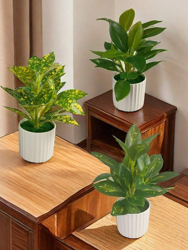 1قطعة/1مجموعة نبات اصطناعي بارتفاع 21سم، نمذجة حقنية نباتات خضراء زائفة واقعية، وعاء أسود، ديكور مكتبي وللغرف المعيشية، ديكور المناظر الطبيعية المصغرة، إناء أبيض مخطط عموديًا مع نبات بلاستيكي