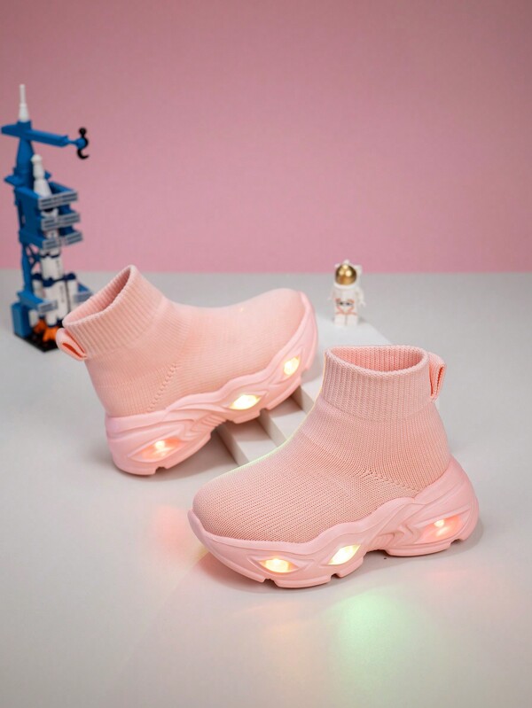 New Kids Light Up Casual Sneakers, Simple Design Soft Comfortable Breathable Anti-Slip Outdoor Sports Shoes, One-Push Lace Up, 4 Seasons