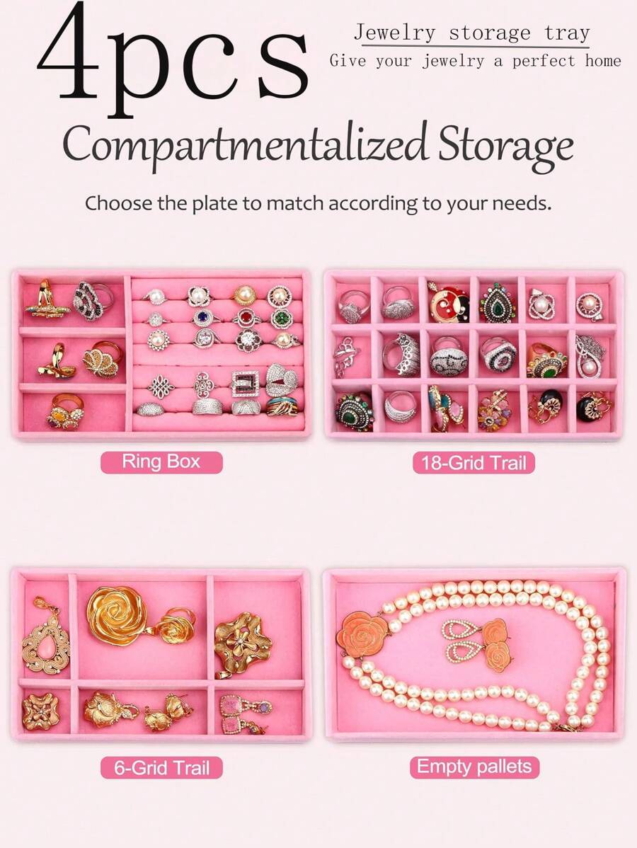 Set de 4 bandejas apilables de terciopelo rosa, joyero, organizador y exhibidor de joyas con cajones - Multicolor - Ver 1
