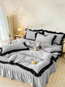 3Pcs Shallow Grey Ruffle Edge Soft & Cozy Bedding Set, Suitable For Bedroom And Guest Room - Light Grey - View 9