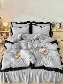 3Pcs Shallow Grey Ruffle Edge Soft & Cozy Bedding Set, Suitable For Bedroom And Guest Room - Light Grey - View 12