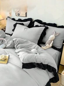 3Pcs Shallow Grey Ruffle Edge Soft & Cozy Bedding Set, Suitable For Bedroom And Guest Room - Light Grey - View 11