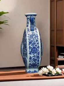 1 pieza Jarrón de cerámica de Jingdezhen hecho a mano, jarrón de luna de doble oreja con patrón de flores y pájaros azul y blanco, decoración tradicional china para el hogar, jarrón vintage, regalo para fiestas, cumpleaños, graduación, decoración de habitación, jarrón para flores