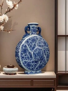 1 pieza Jarrón de cerámica de Jingdezhen hecho a mano, jarrón de luna de doble oreja con patrón de flores y pájaros azul y blanco, decoración tradicional china para el hogar, jarrón vintage, regalo para fiestas, cumpleaños, graduación, decoración de habitación, jarrón para flores