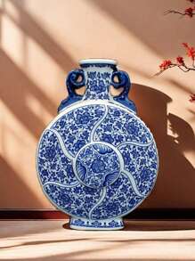 1 pieza Jarrón de cerámica de Jingdezhen hecho a mano, jarrón de luna de doble oreja con patrón de flores y pájaros azul y blanco, decoración tradicional china para el hogar, jarrón vintage, regalo para fiestas, cumpleaños, graduación, decoración de habitación, jarrón para flores