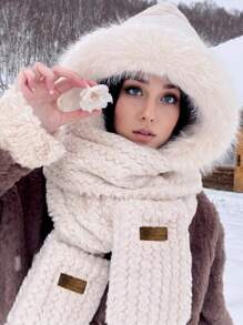 3pcs/Set Women's Winter Fleece Hooded Scarf Gloves Combo, Warm And Windproof, For Autumn And Winter
