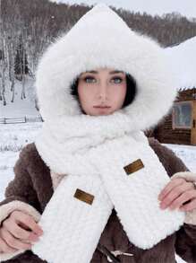 3pcs/Set Women's Winter Fleece Hooded Scarf Gloves Combo, Warm And Windproof, For Autumn And Winter
