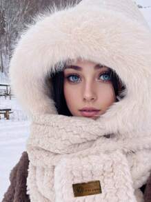 3pcs/Set Women's Winter Fleece Hooded Scarf Gloves Combo, Warm And Windproof, For Autumn And Winter