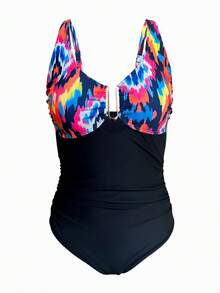 getzwa Nowy kwiatowy nadruk łączący konserwatywny jednoczęściowy kostium kąpielowy, metalowy dekolt w kształcie litery U z głębokim dekoltem w serek seksowny strój kąpielowy zakrywający brzuch, jednoczęściowy modny kostium kąpielowy dla kobiet, odpowiedni do gorących źródeł, wakacji