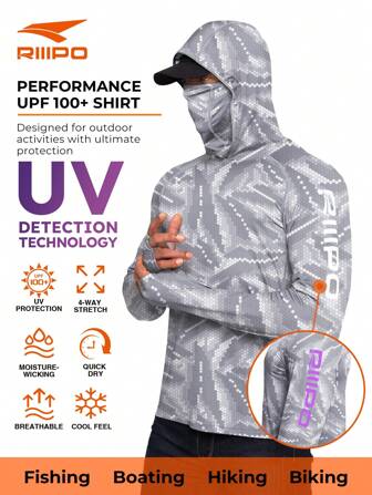 RIIIPO Spring And Summer Men's UPF 100+ Sun Protection Shirt With UV Detection Technology, Performance Fishing Shirt, Active Sweat Wicking, Rapid Drying, Breathable, 4-Way Stretch, Light Weight, Wrinkle Resistant, Extended Long Sleeves, Outdoor Sports Rash Guard With Hoodie, Foldable And Windproof Gaiter, Thumbholes, Built-In Microfiber Lens Cleaner, Suitable For Beach, Boating, Hiking, Hunting, Water Sports