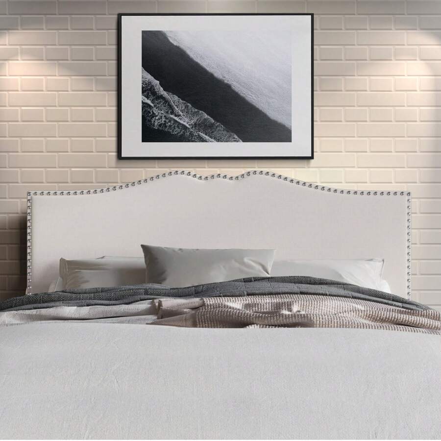 Castle Place Curved Upholstered Nailhead Trim Linen Headboard, Warm Grey, Full