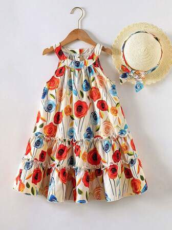 年轻女孩花卉印花露背宽松休闲连衣裙，带荷叶边饰边，适合休闲外出、购物、度假、夏季