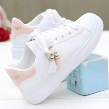 Zapatillas de skate con diseño de letra con cordón delantero,Zapatillas de moda para mujer, blancas con decoración dorada, zapatos de plataforma casuales - Rosa - Ver 2