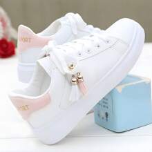 Zapatillas de skate con diseño de letra con cordón delantero,Zapatillas de moda para mujer, blancas con decoración dorada, zapatos de plataforma casuales - Rosa - Ver 4
