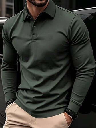 Men 1pc Plain Front Button Up Long Sleeve Casual Top, For Golf, Fall