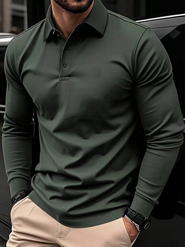 Men 1pc Plain Front Button Up Long Sleeve Casual Top, For Golf