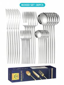 30 件不锈钢餐具套装（带礼盒）、优雅的 30 件银色/金色餐具套装、金色饰面餐具套装、可重复使用的甜点勺、迷你勺、燕麦勺、咖啡勺、酸奶勺、汤勺、沙拉叉、餐叉、餐刀、牛排刀、甜点叉、高品质厨房用具，适用于家庭、厨房、餐厅、咖啡厅、派对、圣诞礼物、送礼 - 镜面抛光 - 葡萄牙套裝 - 查看 9