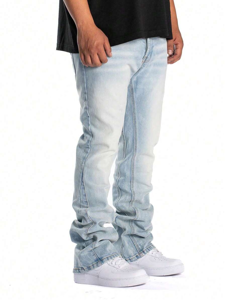 Distressed Stretch Skinny Jeans, Casual Street Style Cotton Wash Flared Tapered Leg Trousers