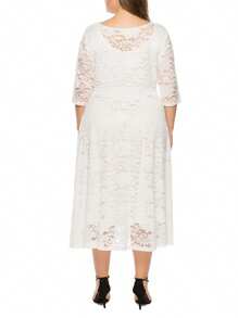 Women's Floral Lace Midi Dress Pockets Half Sleeve Scoop Neck Plus Size Beach Party Evening Flowy Dress - White - View 5
