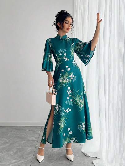 Vår- och höstny förbättrad cheongsam för kvinnor med vida, utsvängda ärmar, lösa ärmar, halvärmad, grön, småblommig, lång slitsad maxi cheongsam-klänning, mellanöstern- och arabisk damklänning, festivalklänning