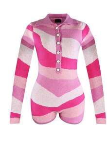 女士撞色纽扣前开襟休闲长袖针织连体裤，秋粉色 - 粉色 - 查看 3