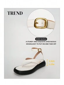 女士时尚厚底真皮趾环金属扣后带凉鞋 - 白色 - 查看 5