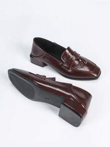 Damen Mode Fransen-Stil Plateau-Absatz Penny Loafers, Damen Metall-Schnallen-Dekor Quadratische Zehen Klassischer Britischer Schul-Stil Slip-On Flats, Damen vielseitige weiche Leder Weiche Sohle Lässig Pendler Arbeit Oxblutleder Schuhe, Damen Fransen-Stil Schwarze Lederschuhe