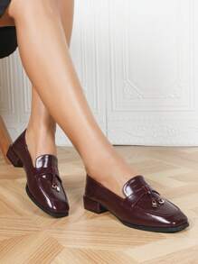 Damen Mode Fransen-Stil Plateau-Absatz Penny Loafers, Damen Metall-Schnallen-Dekor Quadratische Zehen Klassischer Britischer Schul-Stil Slip-On Flats, Damen vielseitige weiche Leder Weiche Sohle Lässig Pendler Arbeit Oxblutleder Schuhe, Damen Fransen-Stil Schwarze Lederschuhe