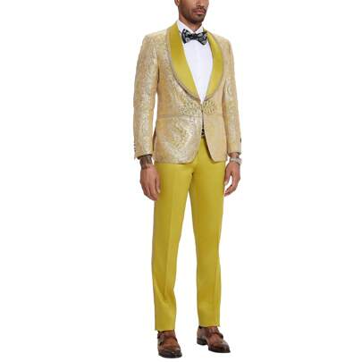 Mens Tuxedo 3pc Floral Satin Shawl Collar Bowtie With Knot Closure  Matching Side Stripe Pants