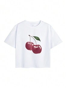 Women's Casual Chic Cherry Print Short Sleeve T-Shirt, Sporty Style For Summer - White - View 3