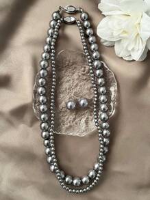 1 Set Of Grey, Pearl White, Black High-End Luxurious Pearl Necklace & Earrings, French Retro Jewelry For Valentine's Day, Wedding, Mother's Day