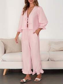 Women Gingham Pants Matching Set Long Puff Sleeve Tie Front Blouse Shirt Wide Leg Long Pants Casual Lounge Pants Set Streetwear - 粉色 - 查看 2