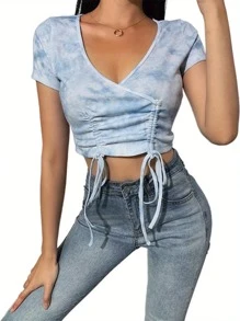 Ladies' Summer Knit Blouse Women's Tie Dye Pattern Short Sleeve Clothes Slim Drawstring Top - Blue - View 1