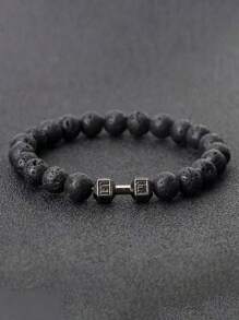 8 毫米男士接地手链天然黑色熔岩石哑铃吊饰手链能量疗愈扩散手链冥想珠宝男女礼物