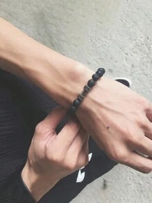 8 毫米男士接地手链天然黑色熔岩石哑铃吊饰手链能量疗愈扩散手链冥想珠宝男女礼物