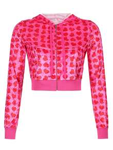 Female Short Coat, Heart Print Long Sleeve Tops with Zipper and Pockets for Spring Fall, Red, S/M/L - Rojo - Ver 1