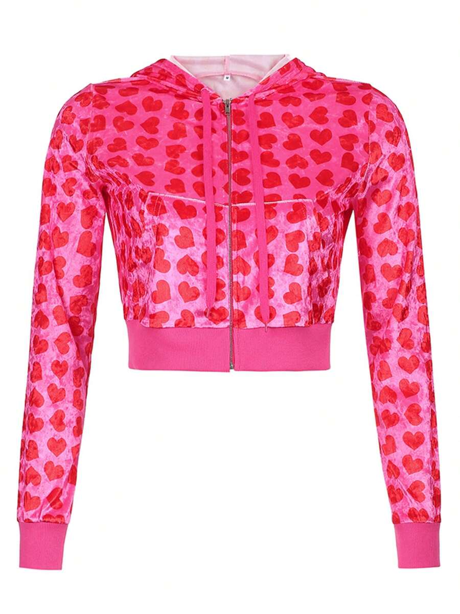 Female Short Coat, Heart Print Long Sleeve Tops with Zipper and Pockets for Spring Fall, Red, S/M/L - Rojo - Ver 1