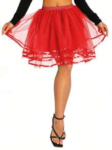 Women Mesh Skirt With Elastic Wide Waist, Solid Color Multi-Layer Structure Summer Clothing - 紅色 - 查看 4